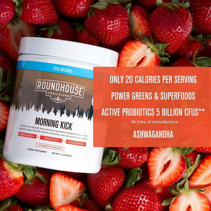 ROUNDHOUSE PROVISION Morning Kick, Zero Sugar Greens Superfood Powder Supplement with Ashwagandha, Collagen, Probiotics, Debloat Drink,  (Strawberry Lemonade) by Chuck Norris